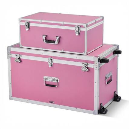 Front. VEVOR - Metal Storage Trunk,Set of 2, Wooden Suitcase Storage Boxes with Padlocks,Large Trunk Includes Casters & 3 Metal Handles - Pink.