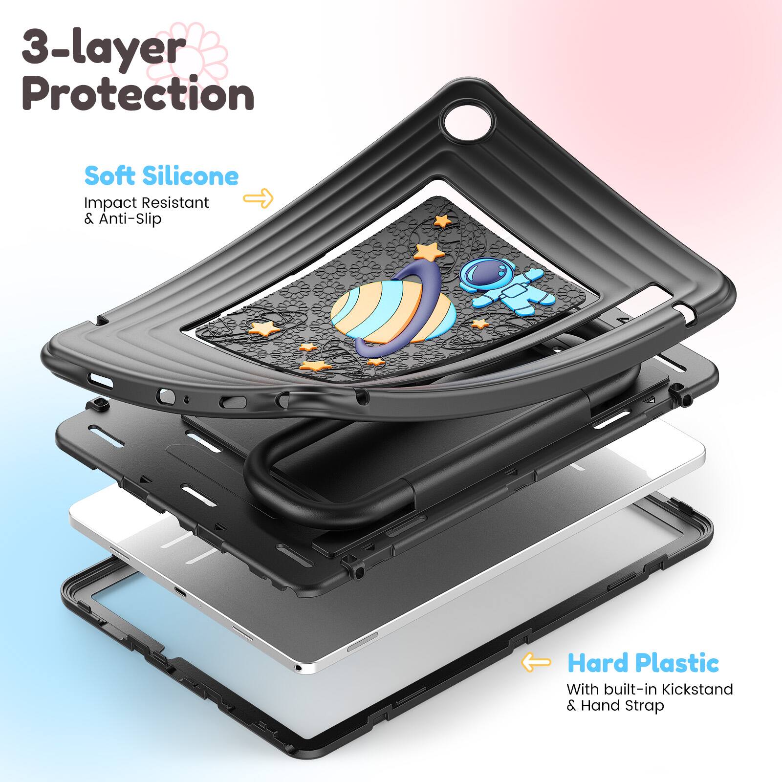 3-layer Protection

Soft Silicone  
Impact Resistant & Anti-Slip

Hard Plastic  
With built-in Kickstand & Hand Strap