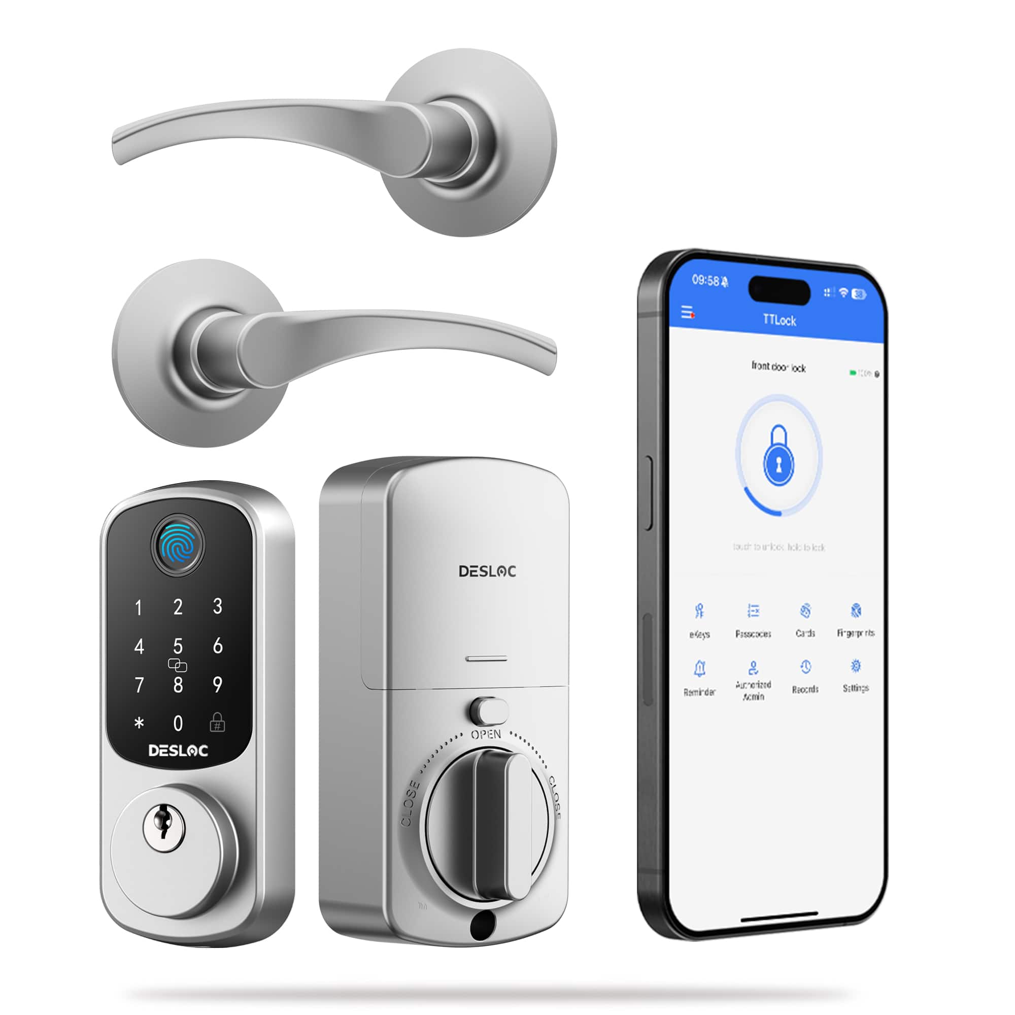 DESLOC - B200 Smart Lock Keyless Entry Fingerprint Deadbolt with Handle/Lever Set, Front Door Replacement, Bluetooth App - Silver - Wave Lever