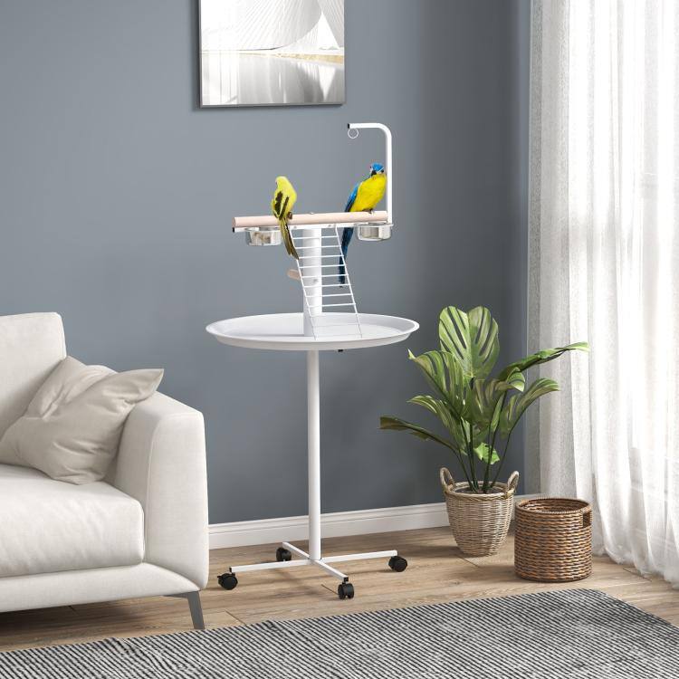 Alt View 1. PULUZ - Bird Stand with Wheels, Perches, Feed Bowls, Round Tray for Parrot - White.
