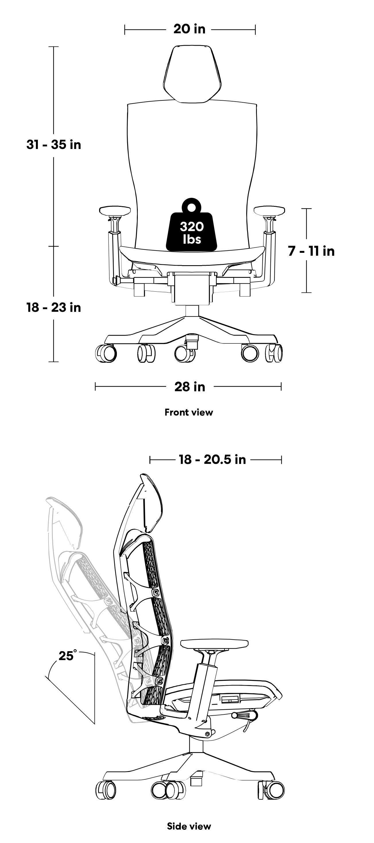 Front view:
- 20 in
- 31 - 35 in
- 18 - 23 in
- 7 - 11 in
- 28 in
- 320 lbs

Side view:
- 18 - 20.5 in
- 25°