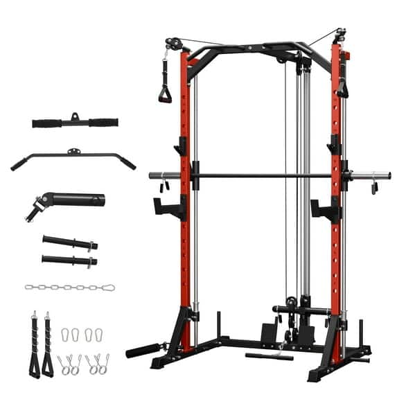 Mikolo - 7-IN-1 Smith Machine, 1000LBS Multi-Functional Squat Rack, Workout Station with Other Functional Attachments - Red