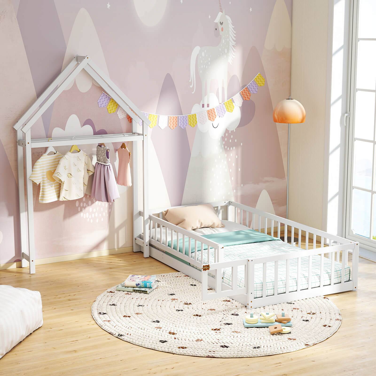 Alt View 5. Costway - Costway Twin Size House Floor Bed with House-shaped Headboard Clothes Hanger without Slats White - White.