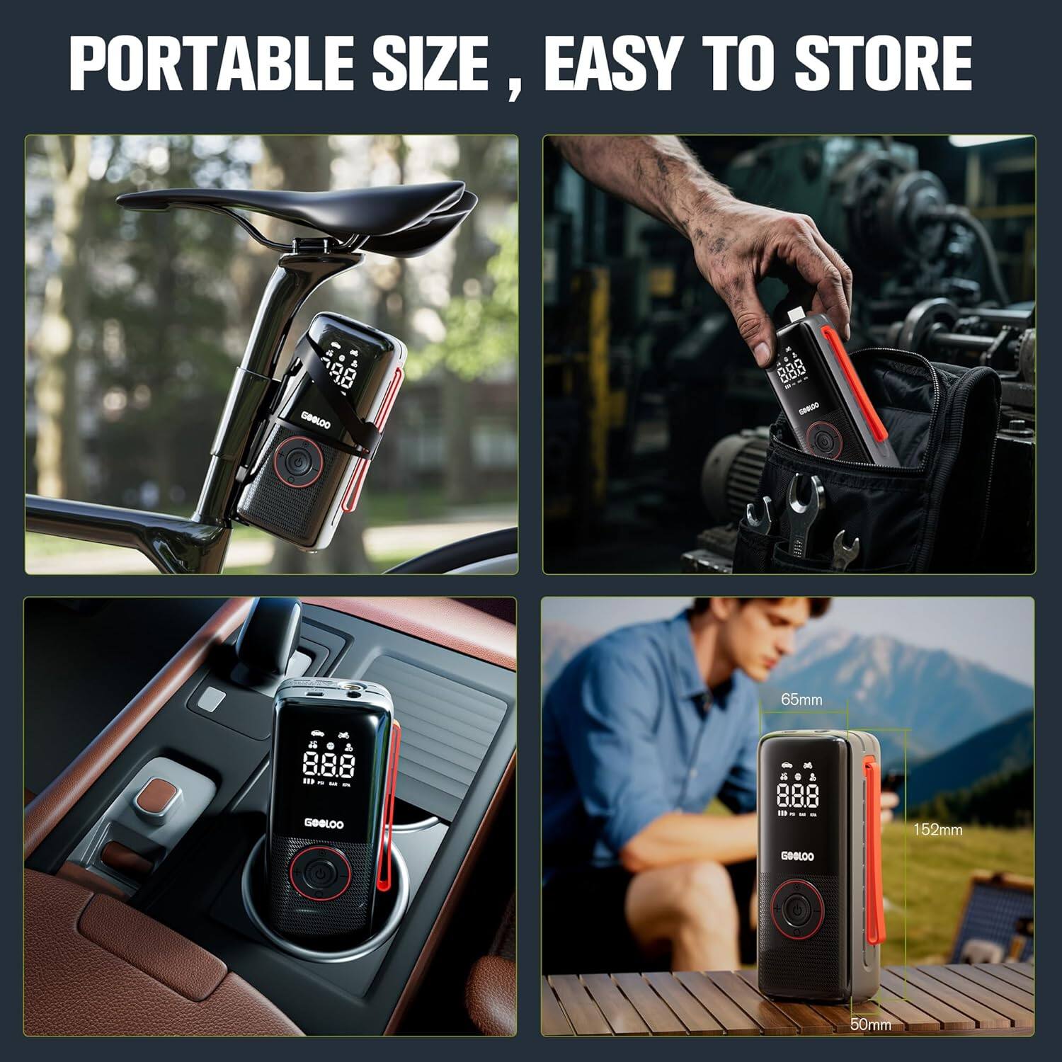 PORTABLE SIZE, EASY TO STORE

288 SO 8.88 - 65mm - a . - 0.0.0 ... GOOLDO - D a  O.O.O . 152mm GOOLOO 50mm