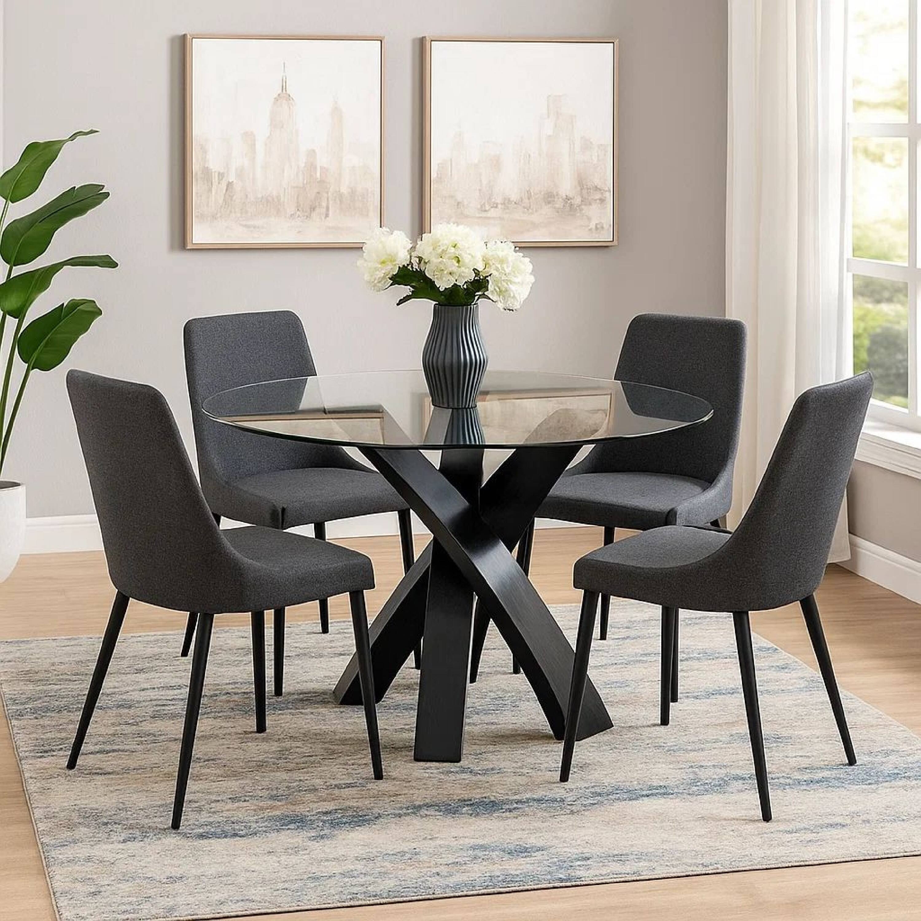 Alt View 5. Manhattan Lane - Round Glass Top Dining Table with Criss Cross Tripod Base, Black - Black.