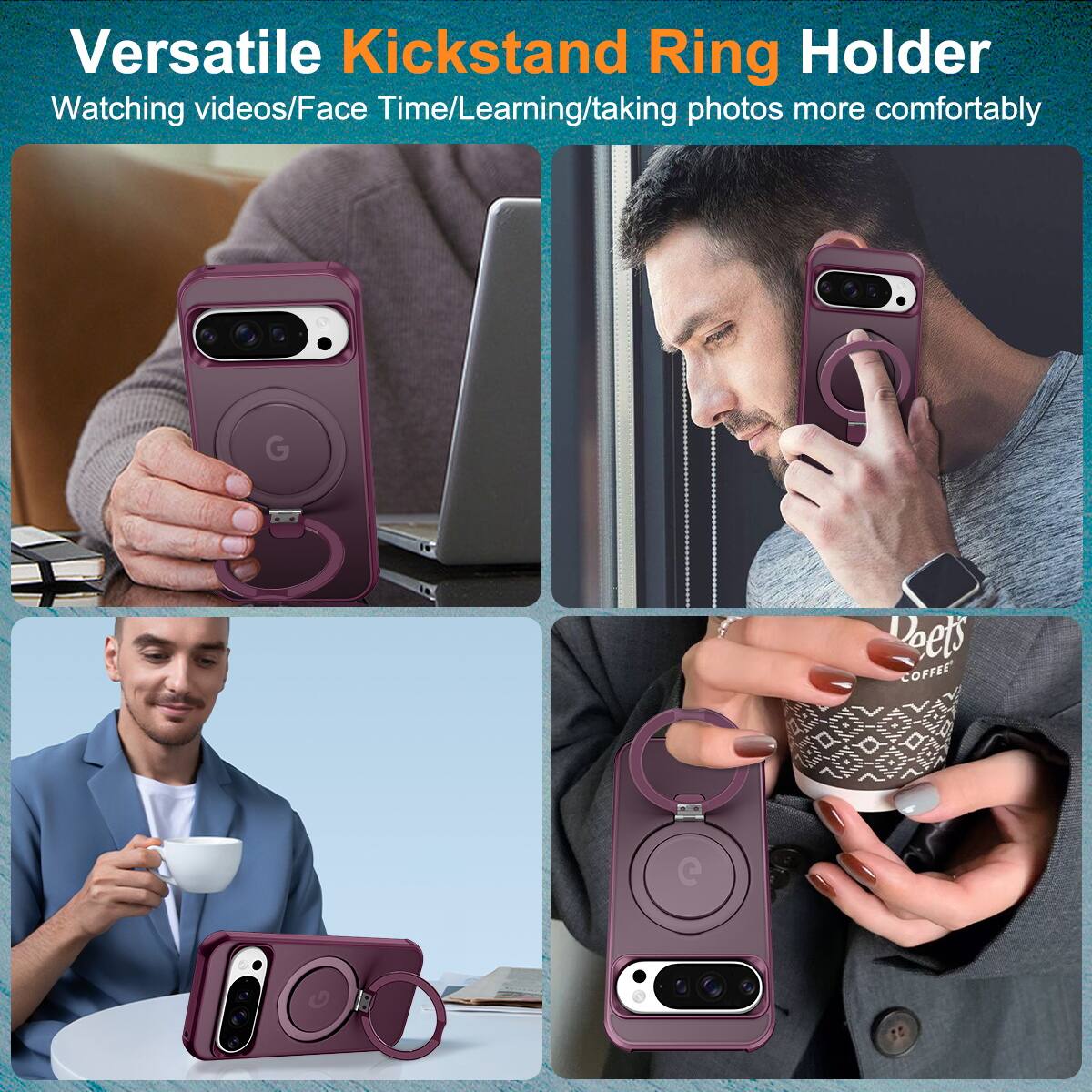 Versatile Kickstand Ring Holder  
Watching videos/Face Time/Learning/taking photos more comfortably