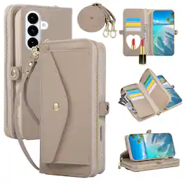Dteck - Leather Wallet Phone Case for Samsung Galaxy S26 FE with Crossbody Strap, Shockproof Zipper Pocket Mirror Stand Cover - Khaki