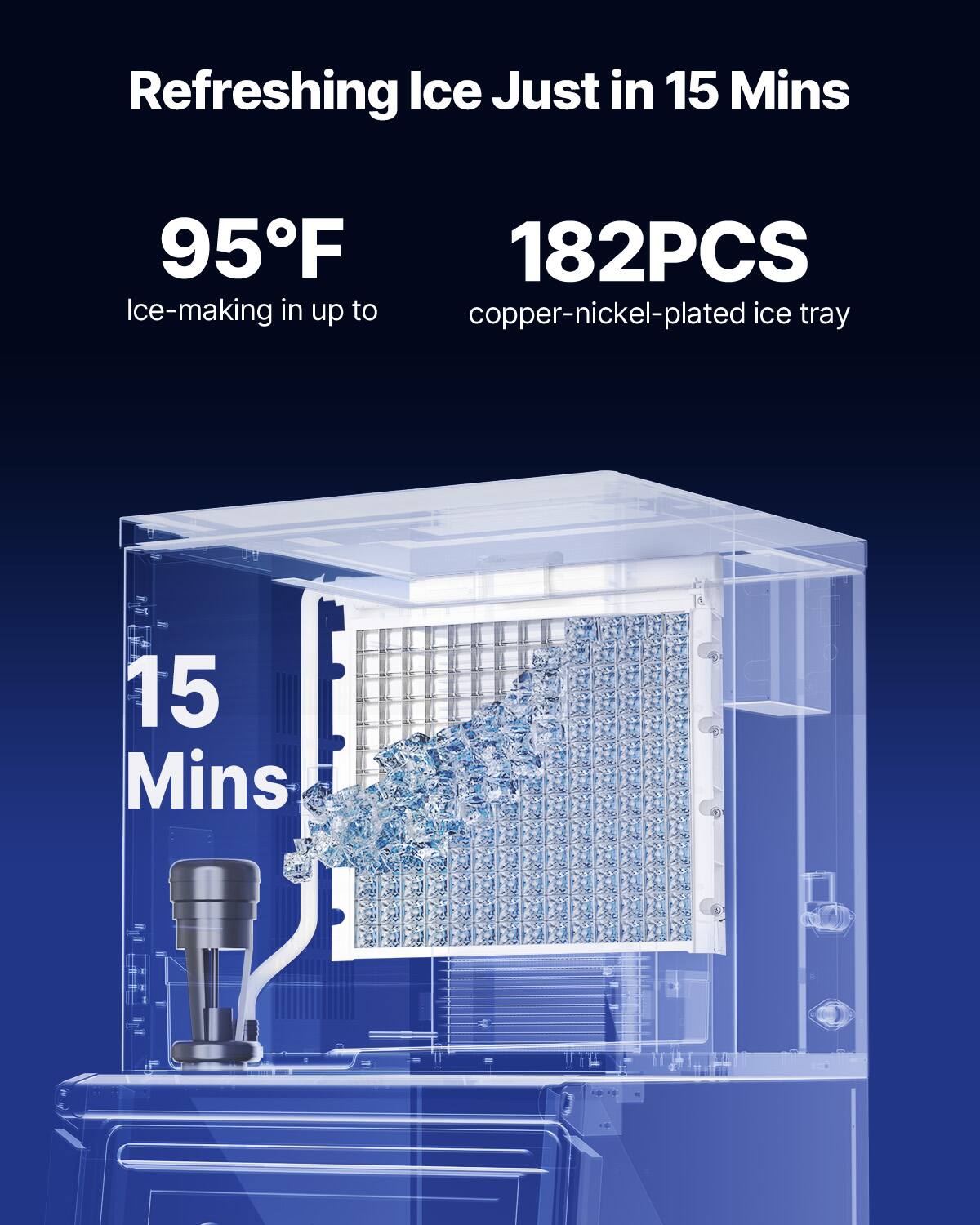 Refreshing Ice Just in 15 Mins

95°F Ice-making in up to copper-nickel-plated ice tray

182PCS

15 Mins