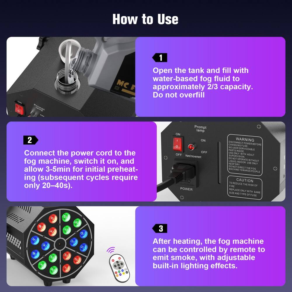 **How to Use**

1. **Open the tank and fill with water-based fog fluid to approximately 2/3 capacity. Do not overfill.**

2. **Connect the power cord to the fog machine, switch it on, and allow 3-5min for initial preheating (subsequent cycles require only 20-40s).**

3. **After heating, the fog machine can be controlled by remote to emit smoke, with adjustable built-in lighting effects.**

---

**Prompt lamp:**
- ON
- OFF

**Hand movement:**
- ON
- OFF

**POWER**

**WARNING:**
- DISCONNECT POWER BEFORE CHANGING FUSE.
- USER PARTS NOT SERVICEABLE INSIDE.
- USE ONLY WITH ADULT SUPERVISION.
- OPERATE WITHOUT LIQUID.
- INDOOR USE ONLY.
- DO NOT DIRECT THE FOG MACHINE TOWARDS PEOPLE.

**CAUTION:**
- REDUCE THE RISK OF FIRE. REPLACE ONLY WITH SAME SIZE AND TYPE OF FUSE.