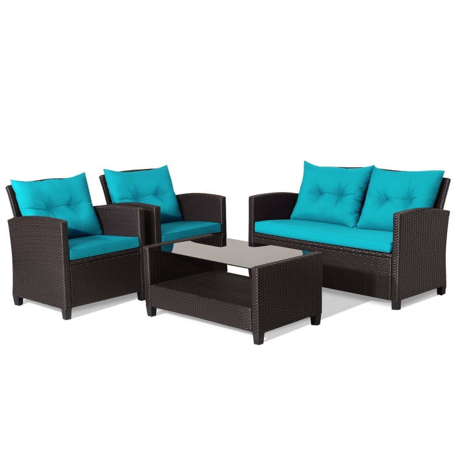 Left. Kadyn - 4 Pcs Patio Rattan Furniture Set, Outdoor Furniture Garden Conversation Sets with Tempered Glass Coffee Table-Turquoise - Blue.