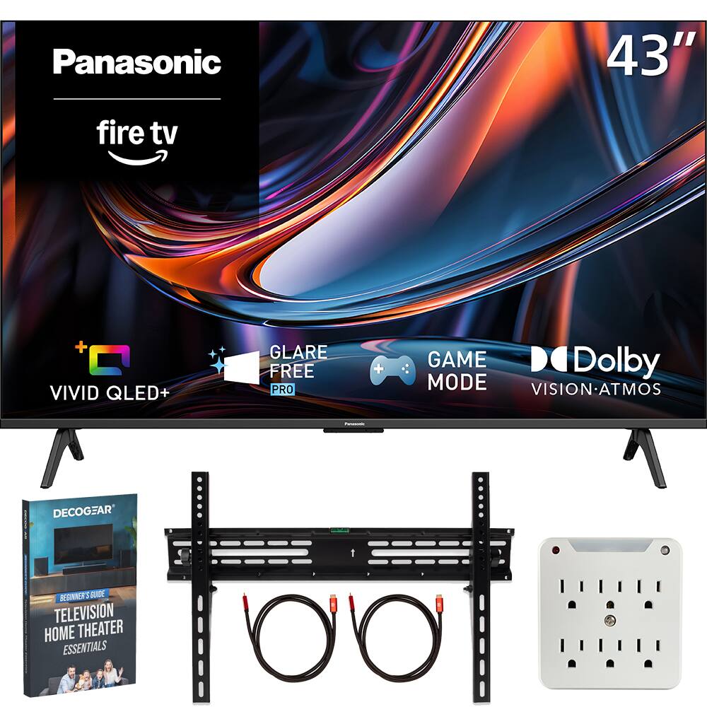 Panasonic  
43"  
fire tv  
+ VIVID QLED+  
GLARE FREE PRO  
+ GAME MODE  
Dolby VISION-ATMOS  

Panasonic  
DECOGEAR  
BEGINNER'S GUIDE TELEVISION HOME THEATER ESSENTIALS