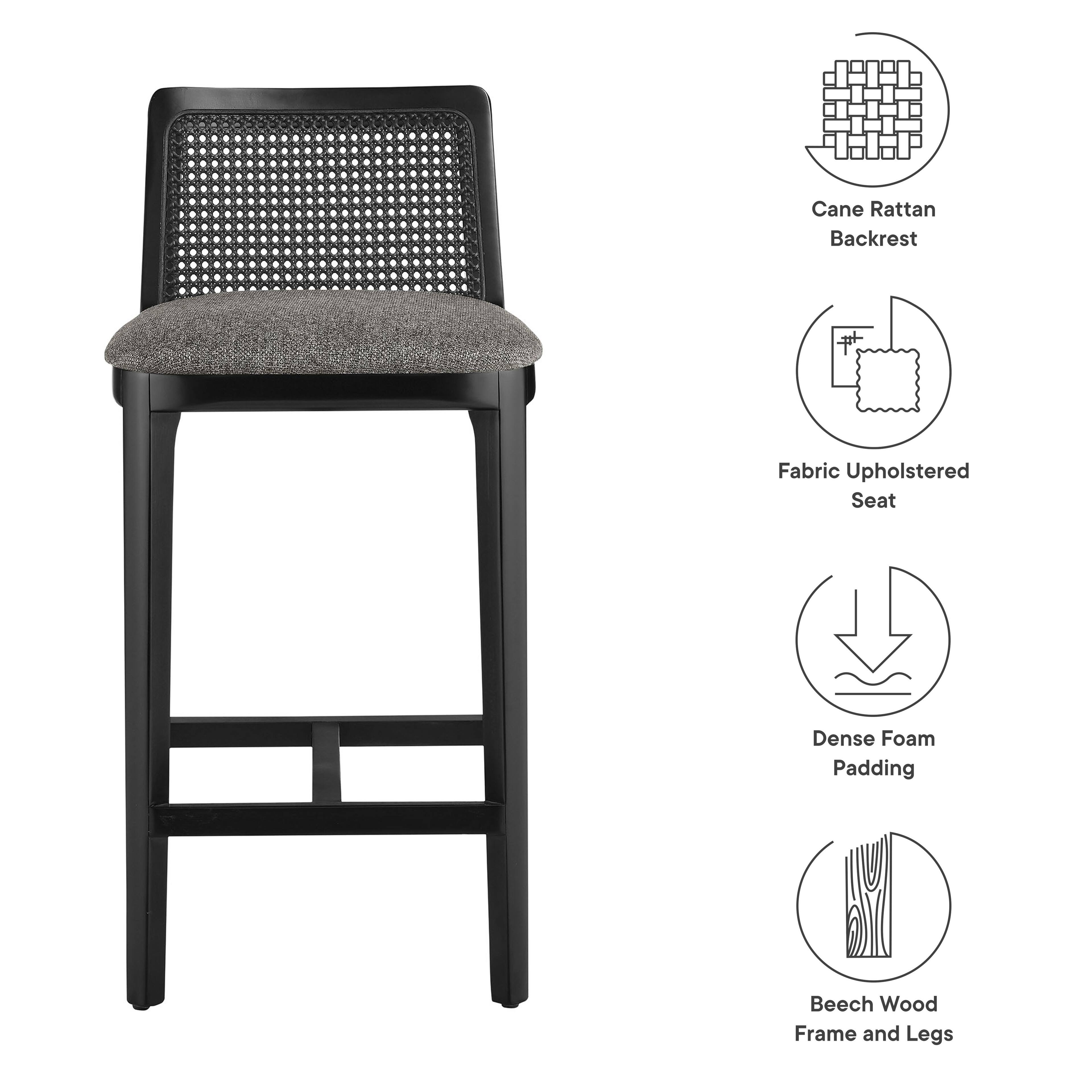 Cane Rattan Backrest  
Fabric Upholstered Seat  
Dense Foam Padding  
Beech Wood Frame and Legs