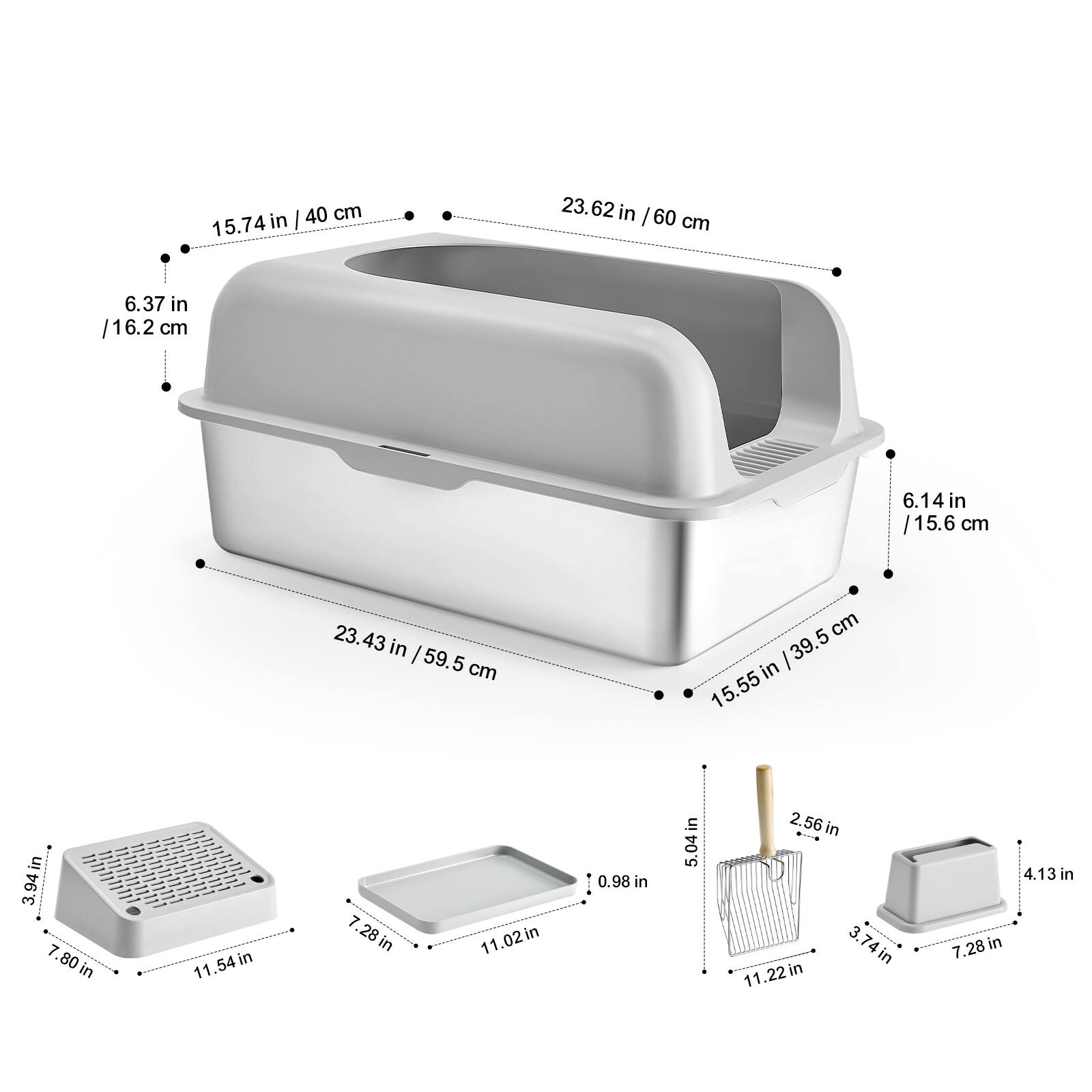 Here is the corrected and grouped text:

- 40 cm / 15.74 in
- 60 cm / 23.62 in
- 16.2 cm / 6.37 in
- 15.6 cm / 6.14 in
- 59.5 cm / 23.43 in
- 59.5 cm / 23.43 in
- 39.5 in / 15.55 in
- 3.94 in / 10 cm
- 7.80 in / 19.8 cm
- 11.54 in / 29.3 cm
- 11.02 in / 28 cm
- 0.98 in / 2.5 cm
- 5.04 in / 12.8 cm
- 2.56 in / 6.5 cm
- 3.74 in / 9.5 cm
- 11.22 in / 28.5 cm
- 4.13 in / 10.5 cm
- 7.28 in / 18.5 cm