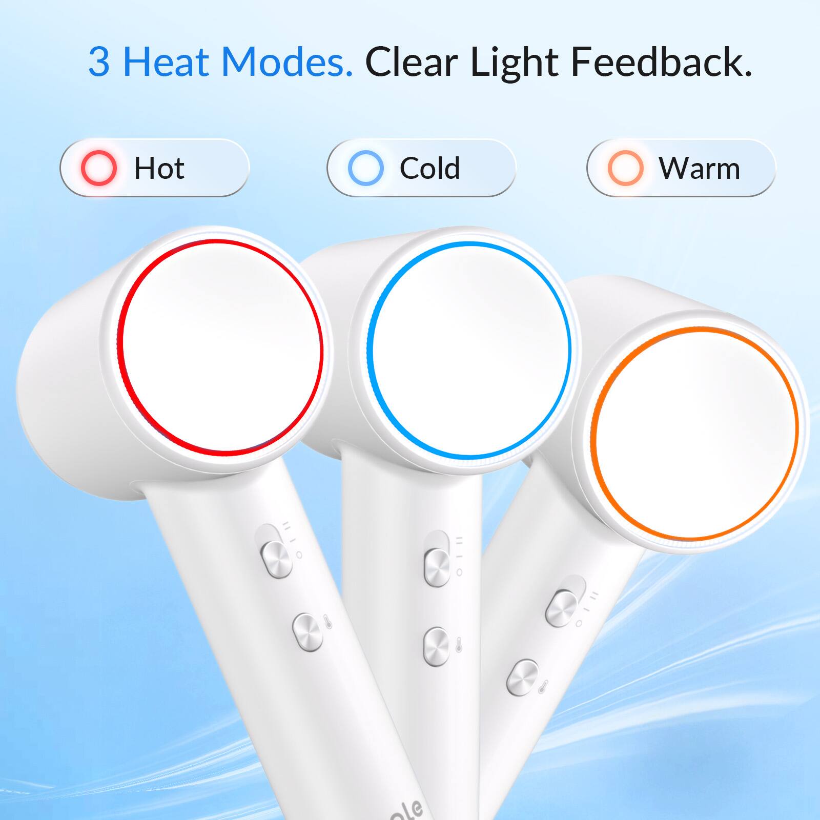3 Heat Modes. Clear Light Feedback. Hot Cold Warm