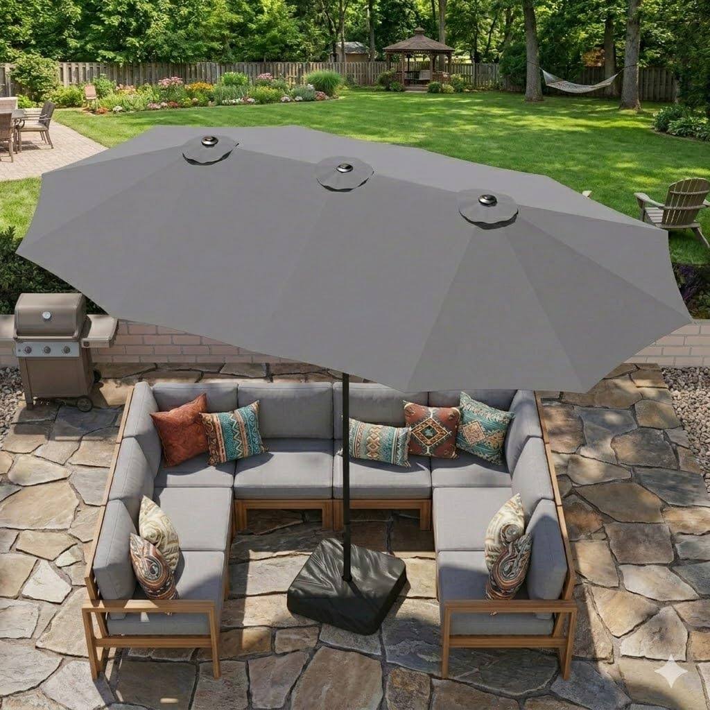 Alt View 5. Yardgrace - 15ft Triple Patio Umbrella with Base Double Sided Easy Crank 12 Ribs Ventilation Openings - Gray.