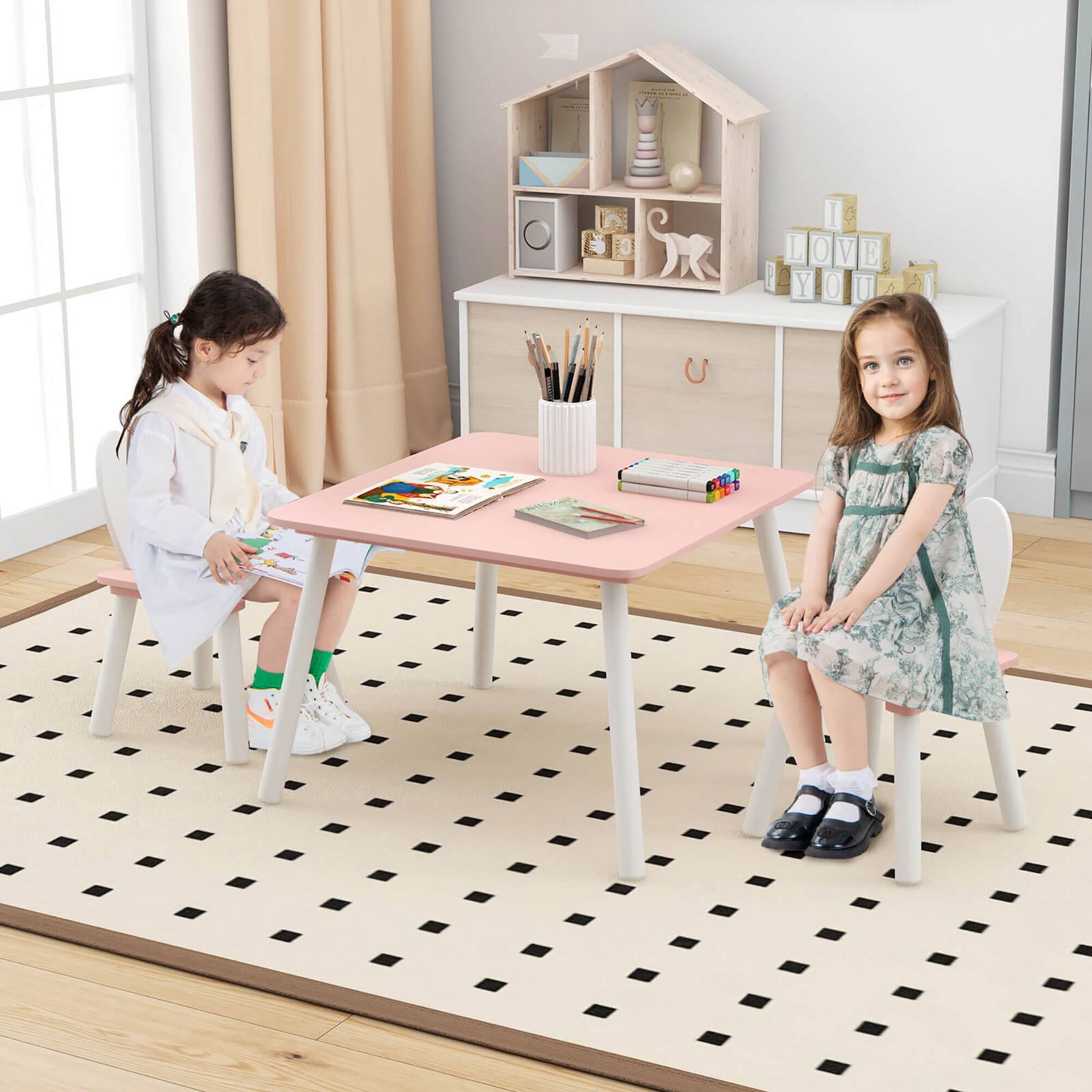 Alt View 3. Gymax - Gymax 3 Pieces Kids Table & Chairs Set Children Wooden Furniture Set w/ Solid Wood Legs Pink - Pink.