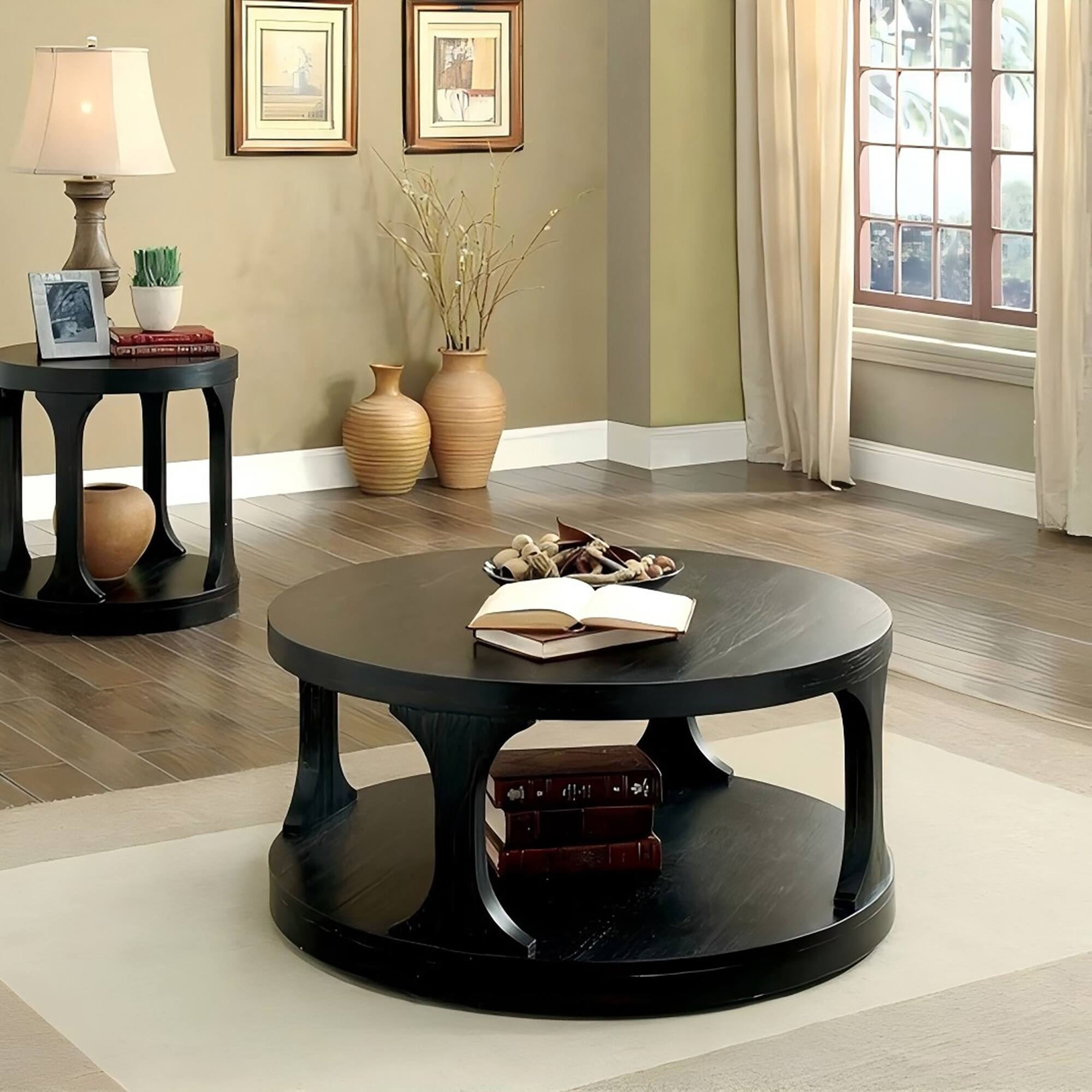 Alt View 2. Vaczon - 36" Solid Wood Coffee Table Round with Storage Modern Wood Round Center Table for Living Room Home Office Small Space - Antique Black.