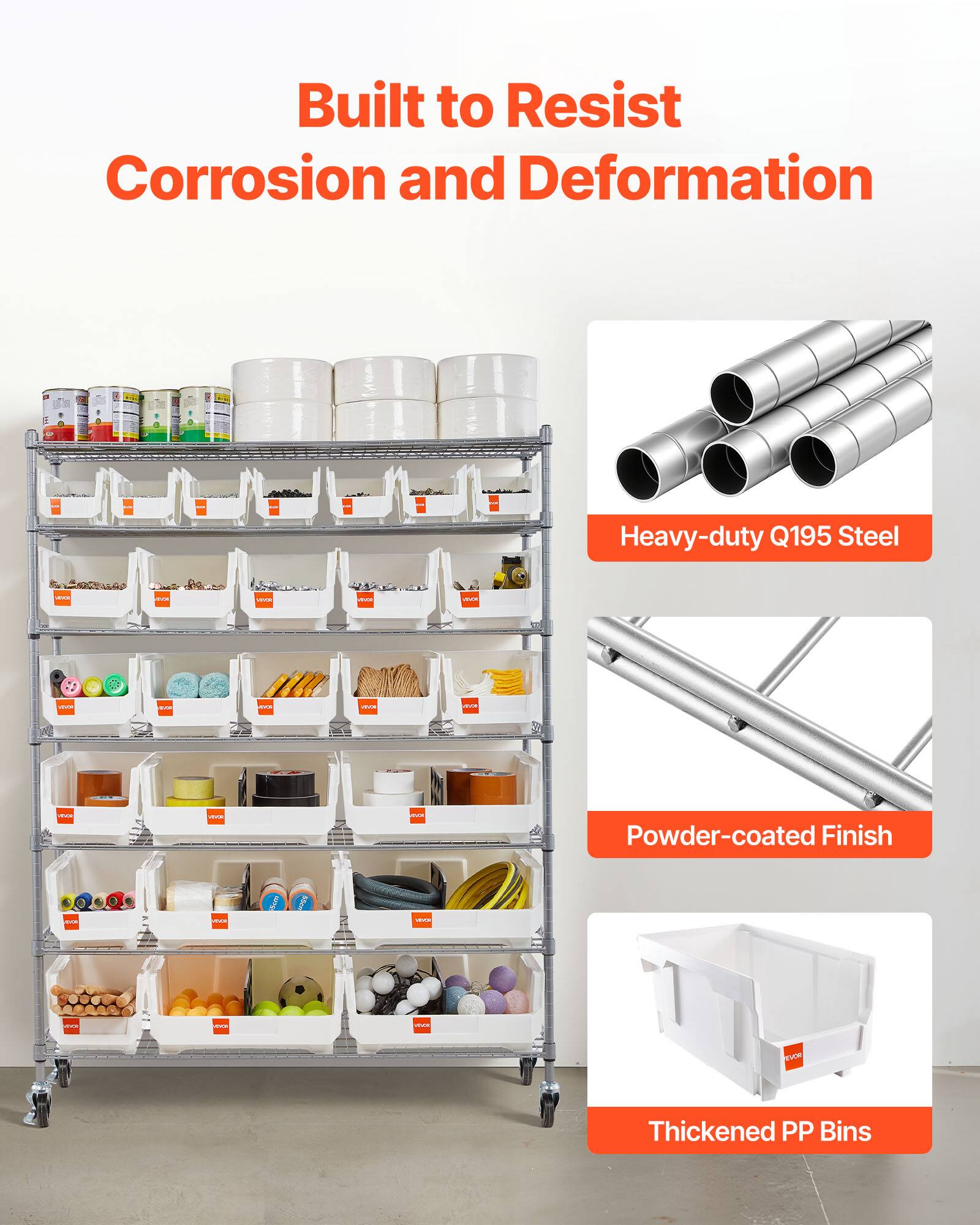 Built to Resist Corrosion and Deformation

- Heavy-duty Q195 Steel
- Powder-coated Finish
- Thickened PP Bins