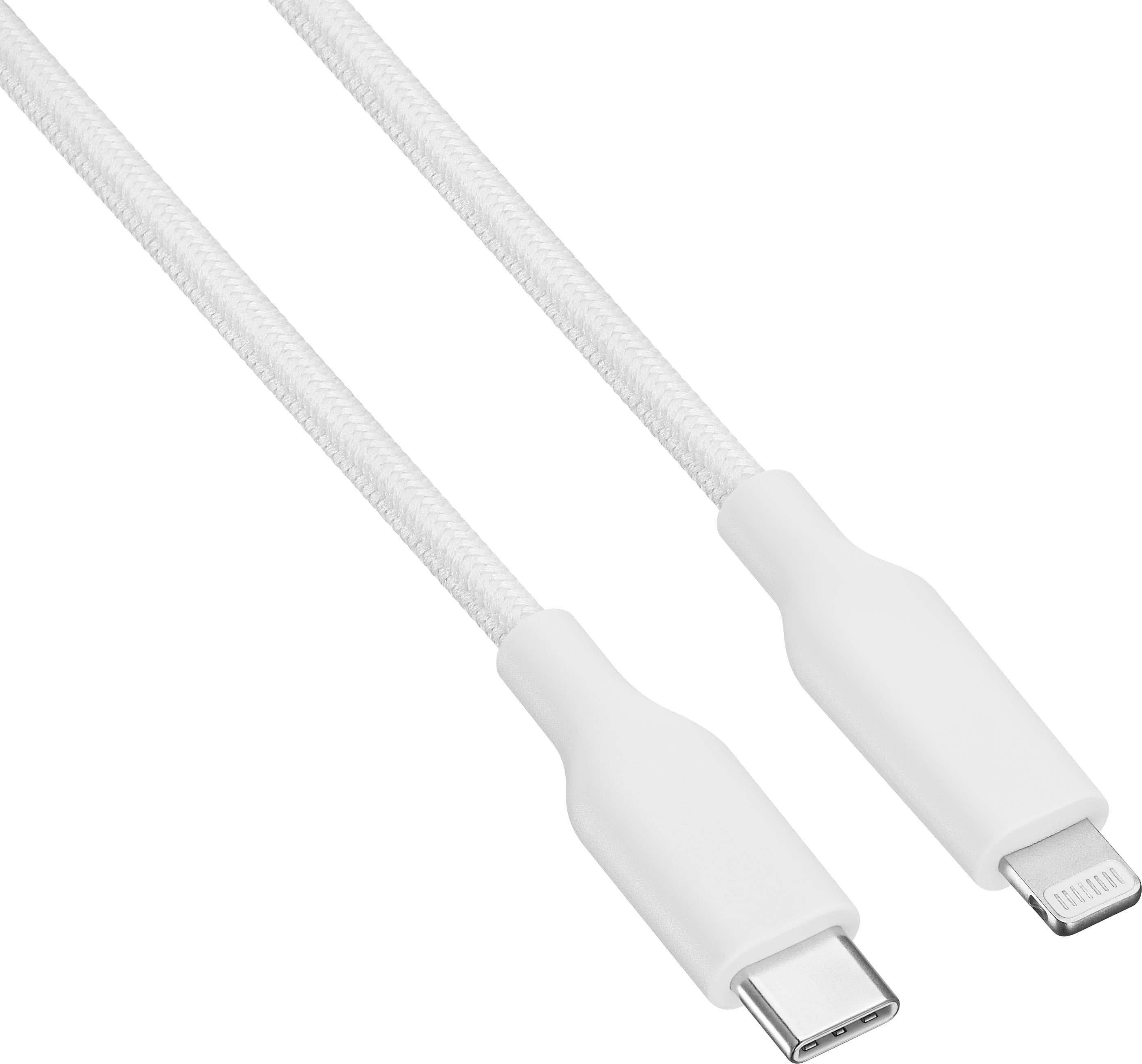 Angle. Best Buy essentials™ - 6’ Lightning to USB-C Braided Charge-and-Sync Cable - White.