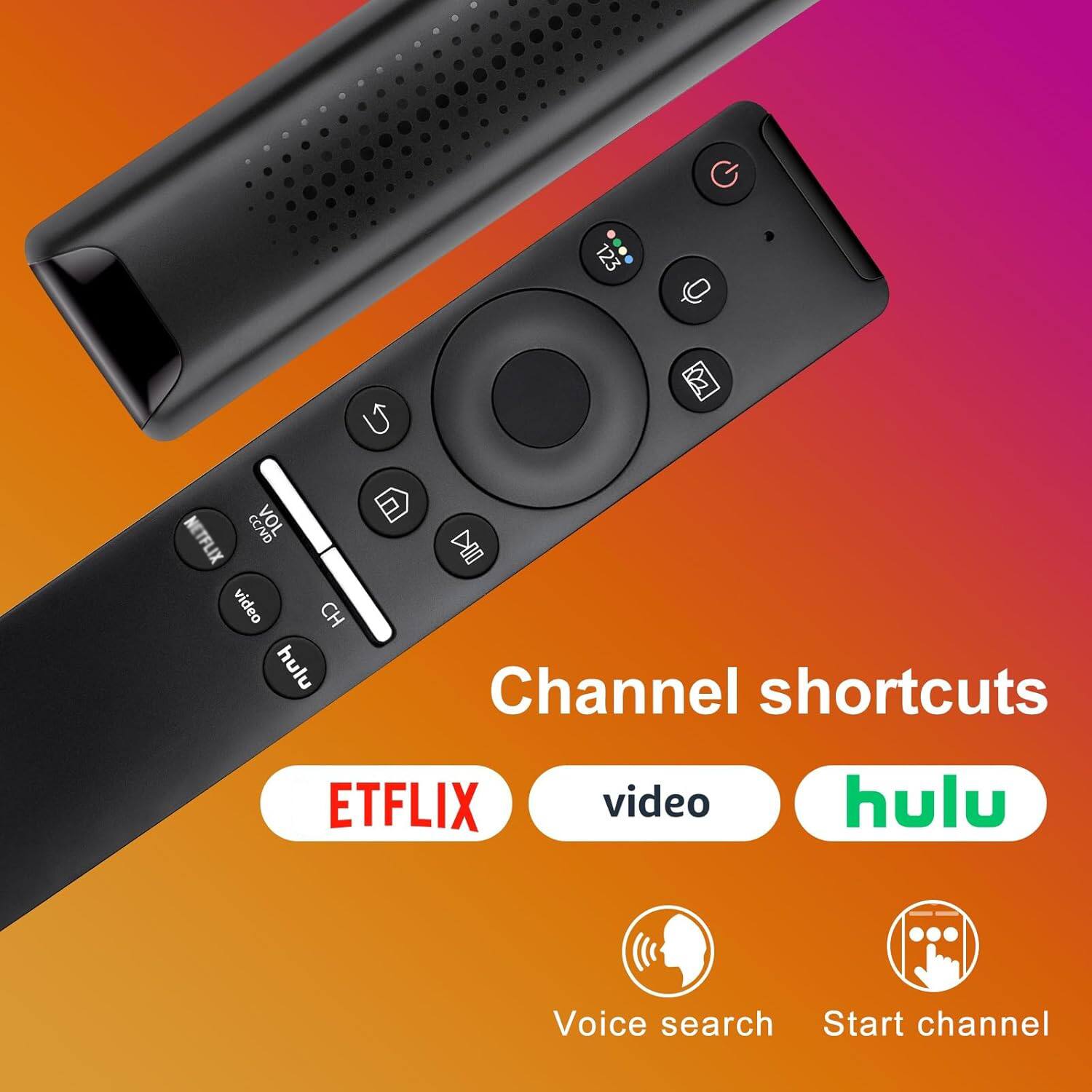 Channel shortcuts

- ETFLIX
- video
- hulu

Voice search
Start channel