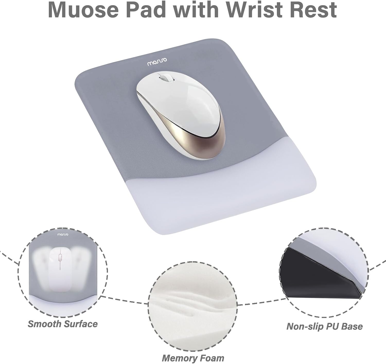 Muose Pad with Wrist Rest  
manro moruro  
Smooth Surface  
Non-slip PU Base  
Memory Foam