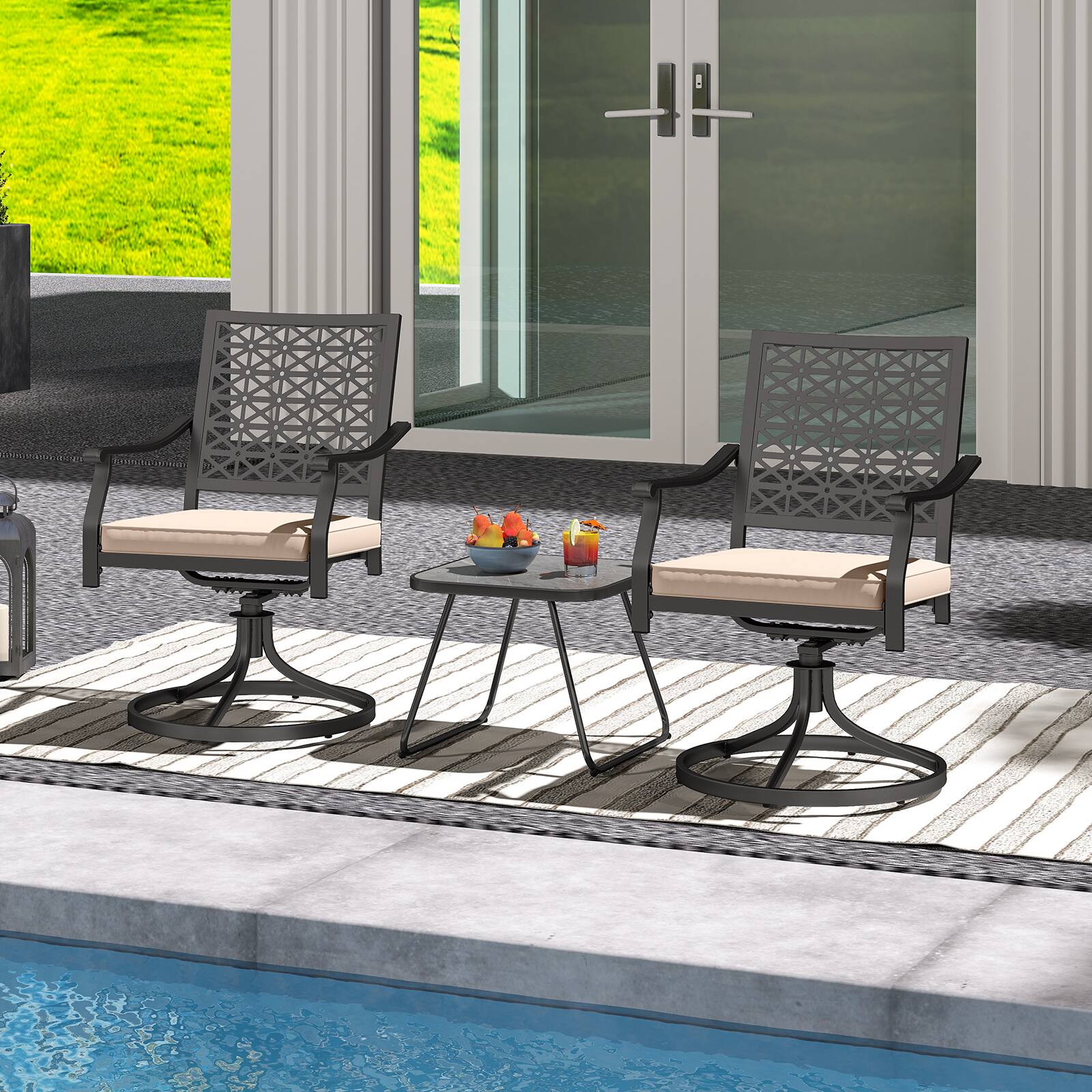 Alt View 3. Gymax - Gymax 2 Pieces Outdoor Swivel Chairs Patio Dining Chairs w/ Padded Cushions Beige & Black - Black, Beige.