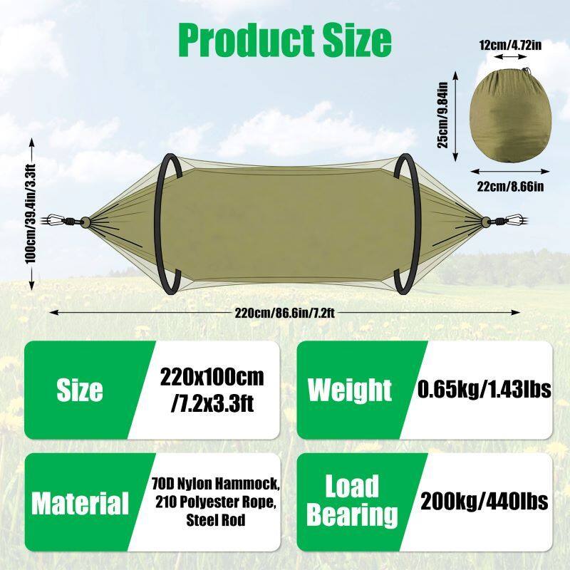 100cm/39.4in/3.3ft  
Product Size 220cm/86.6in/7.2ft  
25cm/9.84in  
12cm/4.72in  
22cm/8.66in  

Size 220x100cm /7.2x3.3ft  
Weight 0.65kg/1.43lbs  
Material 70D Nylon Hammock, 210 Polyester Rope, Steel Rod  
Load Bearing 200kg/440lbs