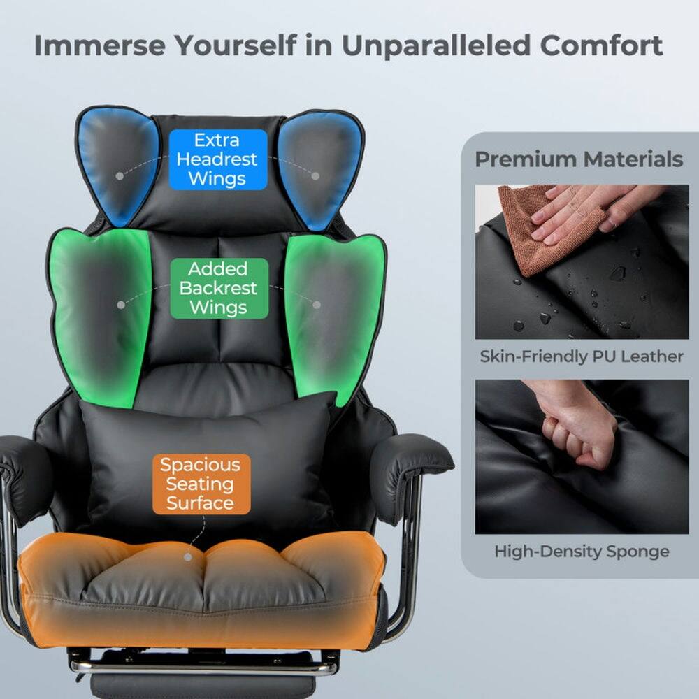 Immerse Yourself in Unparalleled Comfort

- Extra Headrest Wings
- Added Backrest Wings
- Spacious Seating Surface

Premium Materials

- Skin-Friendly PU Leather
- High-Density Sponge