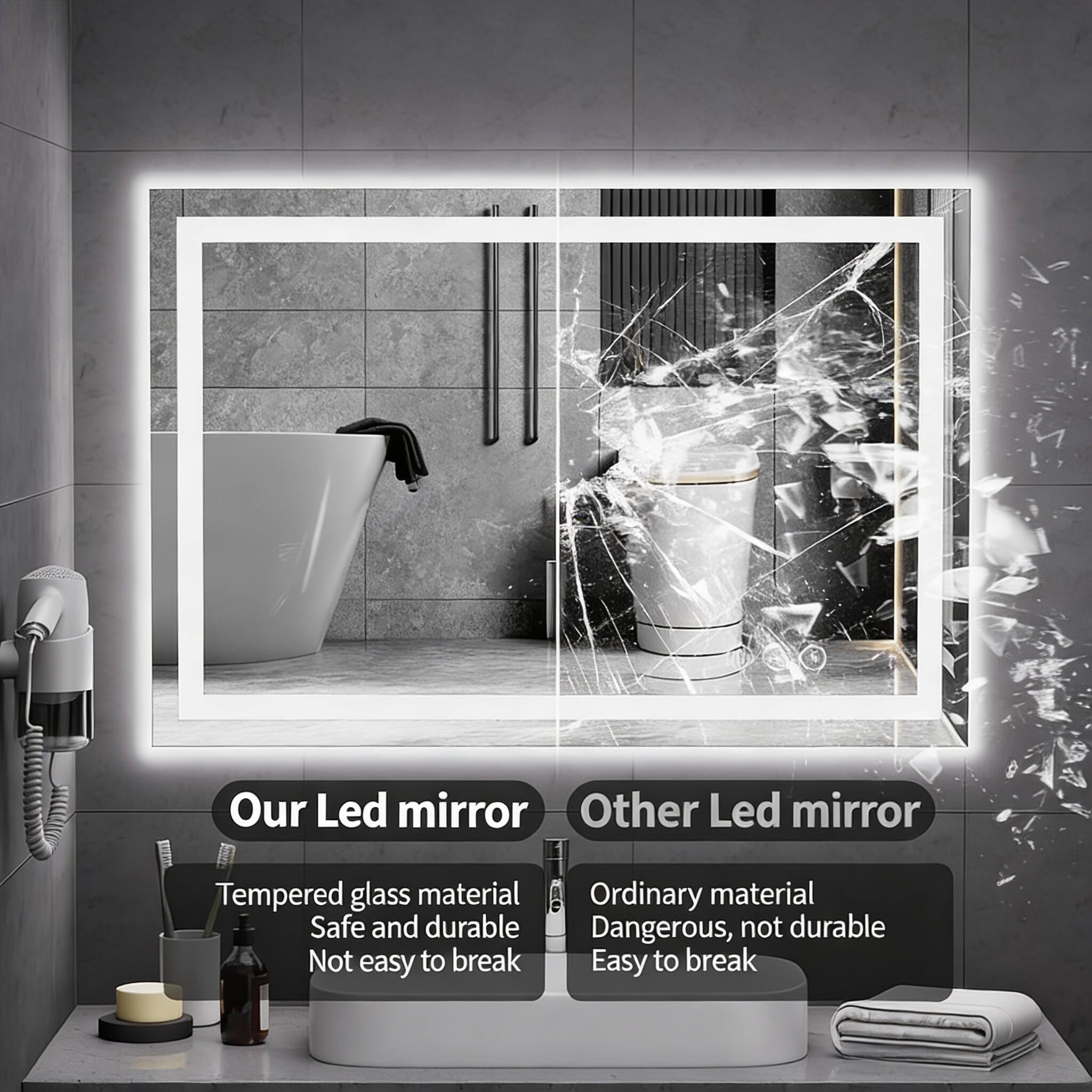Our Led mirror  
Tempered glass material  
Safe and durable  
Not easy to break  

Other Led mirror  
Ordinary material  
Dangerous, not durable  
Easy to break