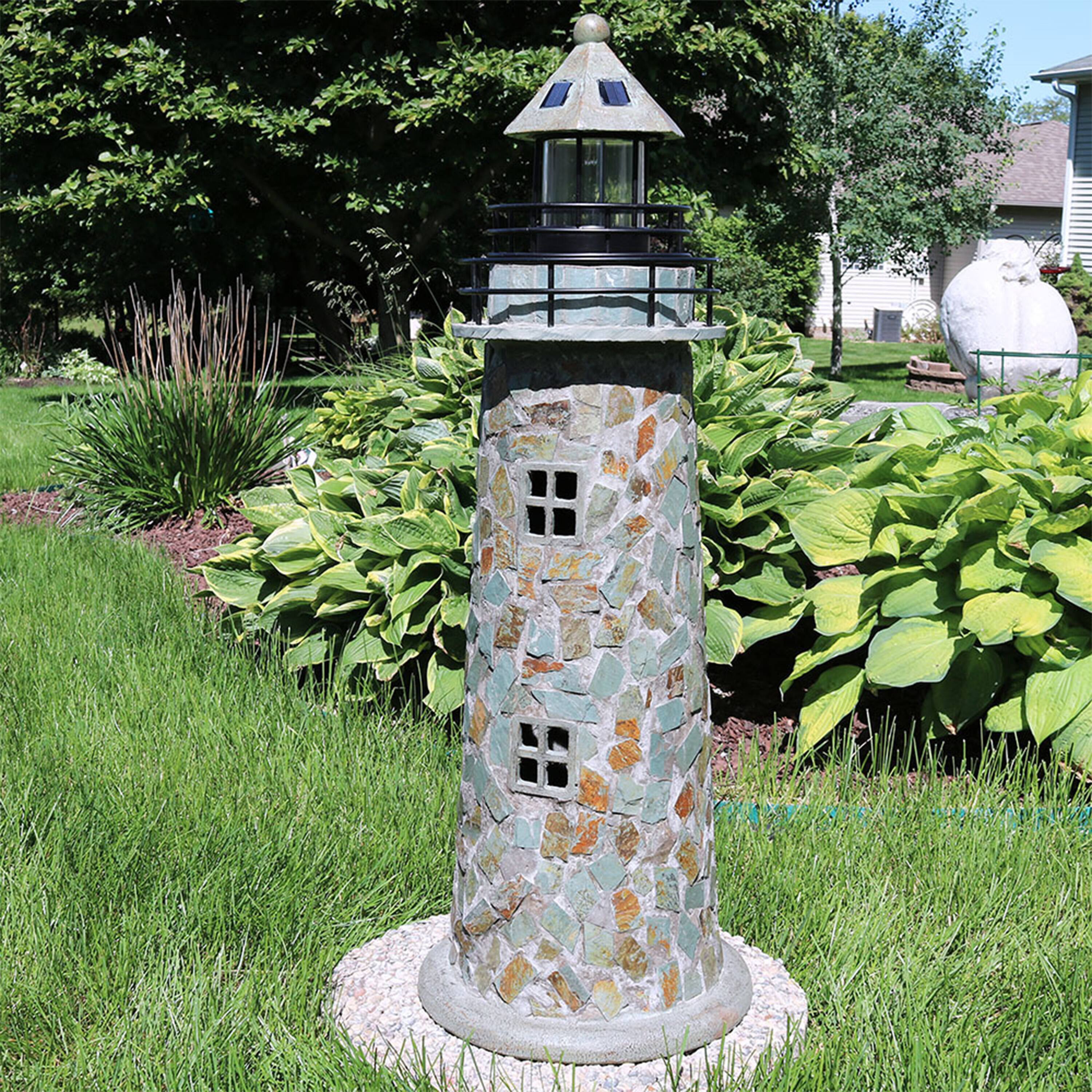 Alt View 4. Sunnydaze - 25 in Resin and Cobblestone Solar LED Lighthouse Nautical Statue - Grey.