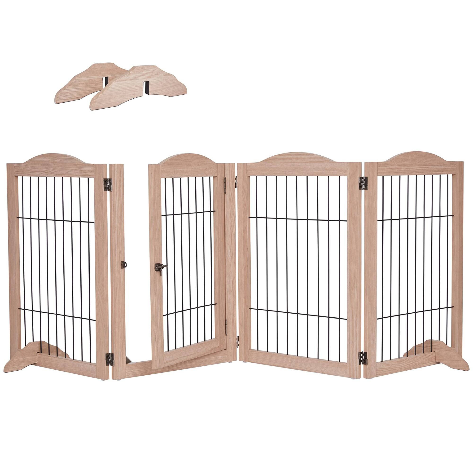 Front. Arf Pets - Freestanding Dog Gate, 4-Panel Extension, 360° Foldable Dog Gate 80"W x 31.5"H - Walnut.