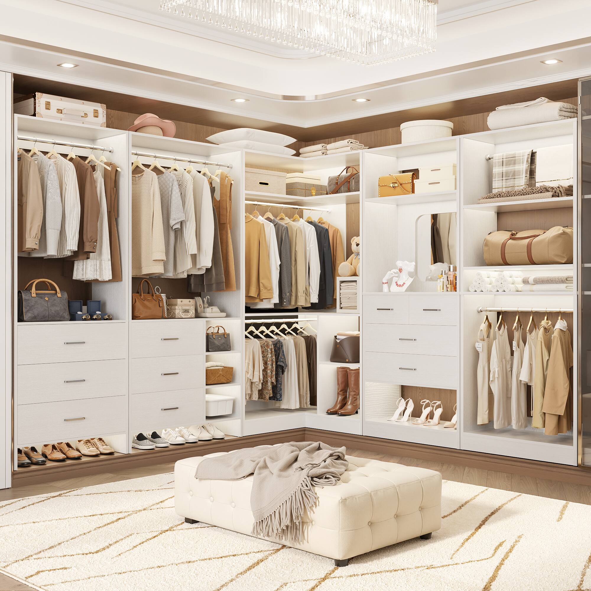 Alt View 1. Aheaplus - 104'' Width Closet Organizer System Set, with 10 Drawers, 4 Hanging Rods, 15 Open Shelves & a Mirror, 4 Packs - White.