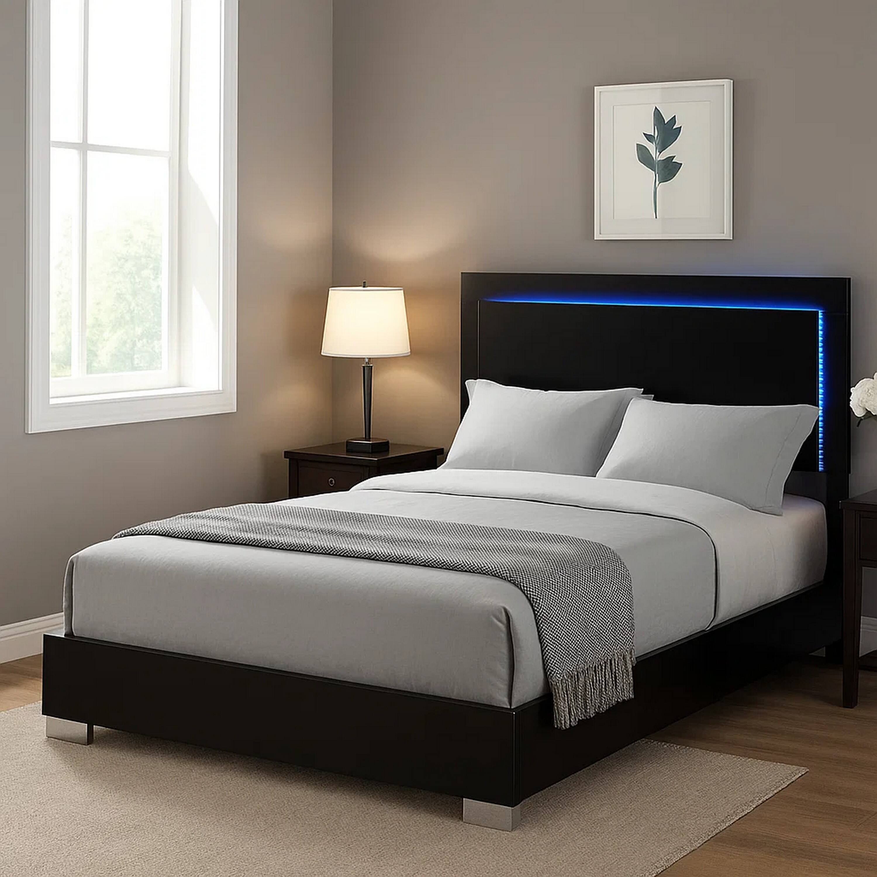 Alt View 6. Manhattan Lane - Suni Queen Size Bed w LED Headboard, Piano Black Wood Frame - Piano Black, Chrome Silver.