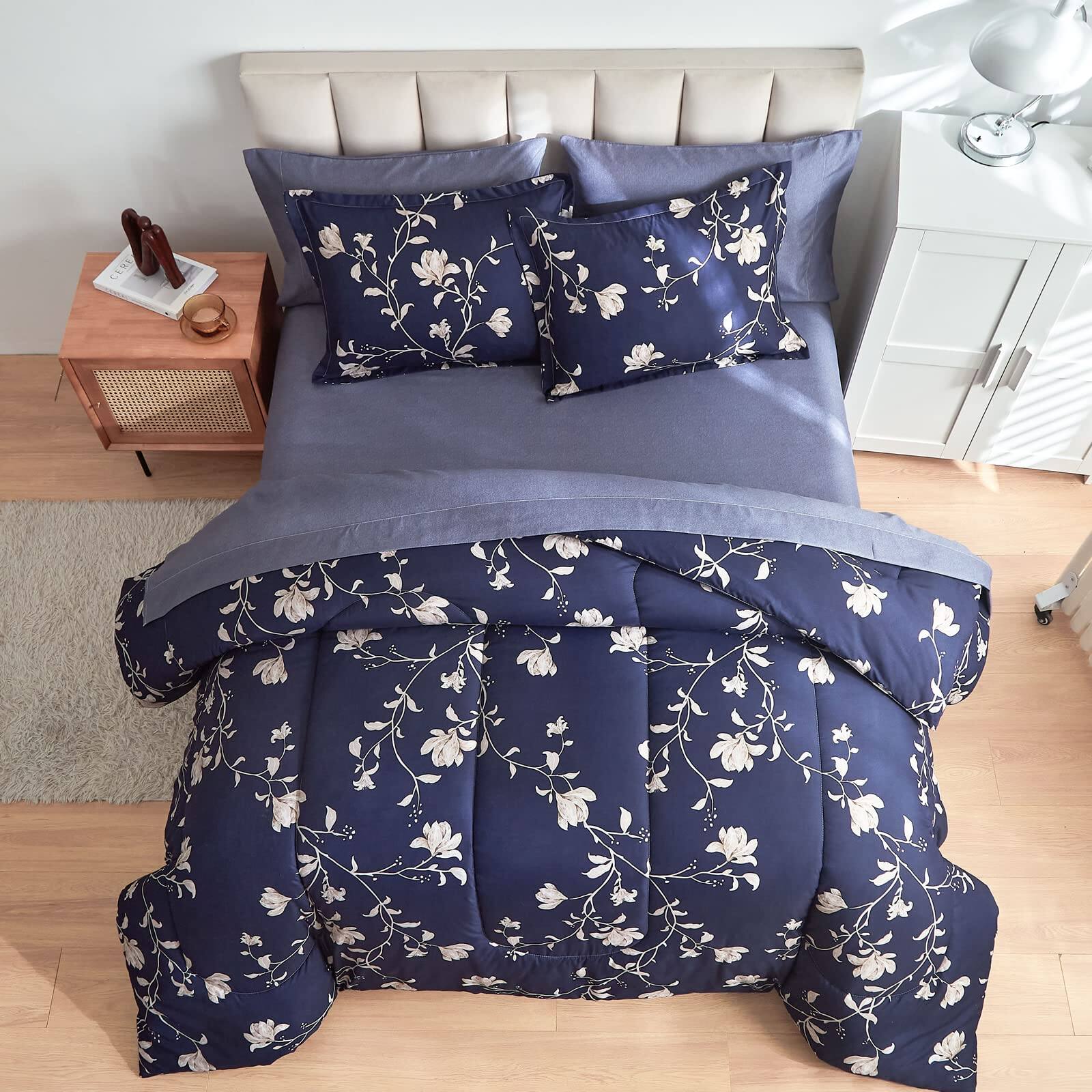 Alt View 9. Paradigms Interiors - Bed In A Bag Comforter Set 7 Pieces Floral Set Bedding Sets With 1 2 Pillow Shams lat Sheet Fitted Pillowcases - Grey-Queen.