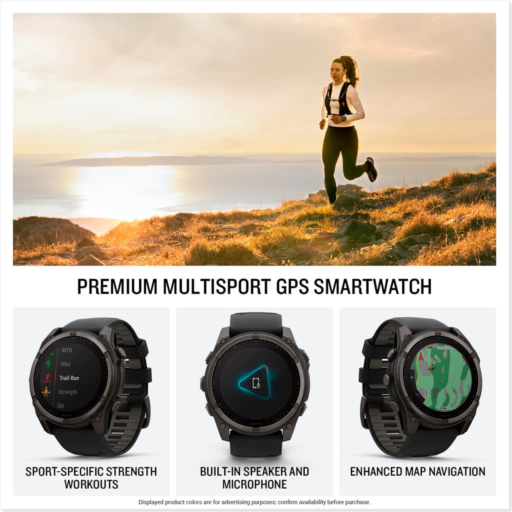 Premium Multisport GPS Smartwatch: MTB, Hike, Trail Run, Strength, Ski, and Sport-Specific Strength Workouts. Built-in Speaker and Microphone. Enhanced AP Navigation. Displayed product colors are for advertising purposes; confirm availability before purchase.