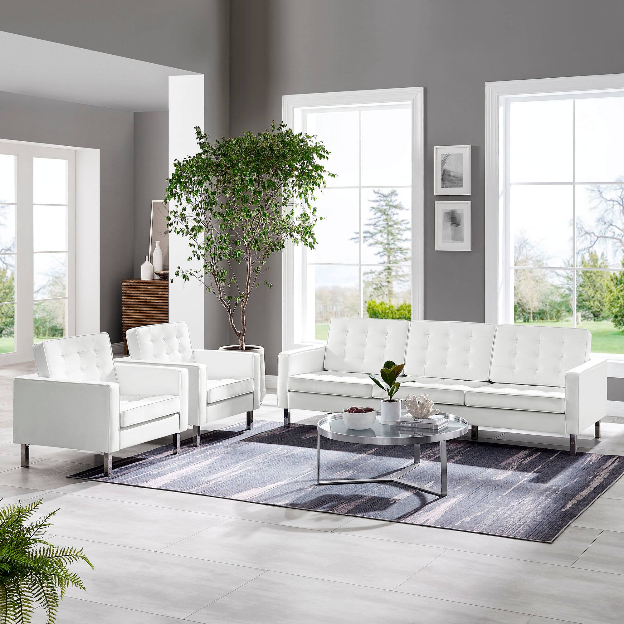 Alt View 9. Modway - Loft 3-Piece Tufted Vegan Leather Furniture Set by Modway - Silver White.