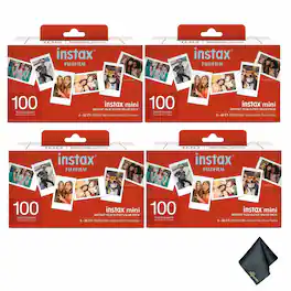 Fujifilm - 4xFujifilm Instax Mini Instant Film- Super Value Pack- 100 Exposures, Microfiber Cleaning Cloth, Bundle