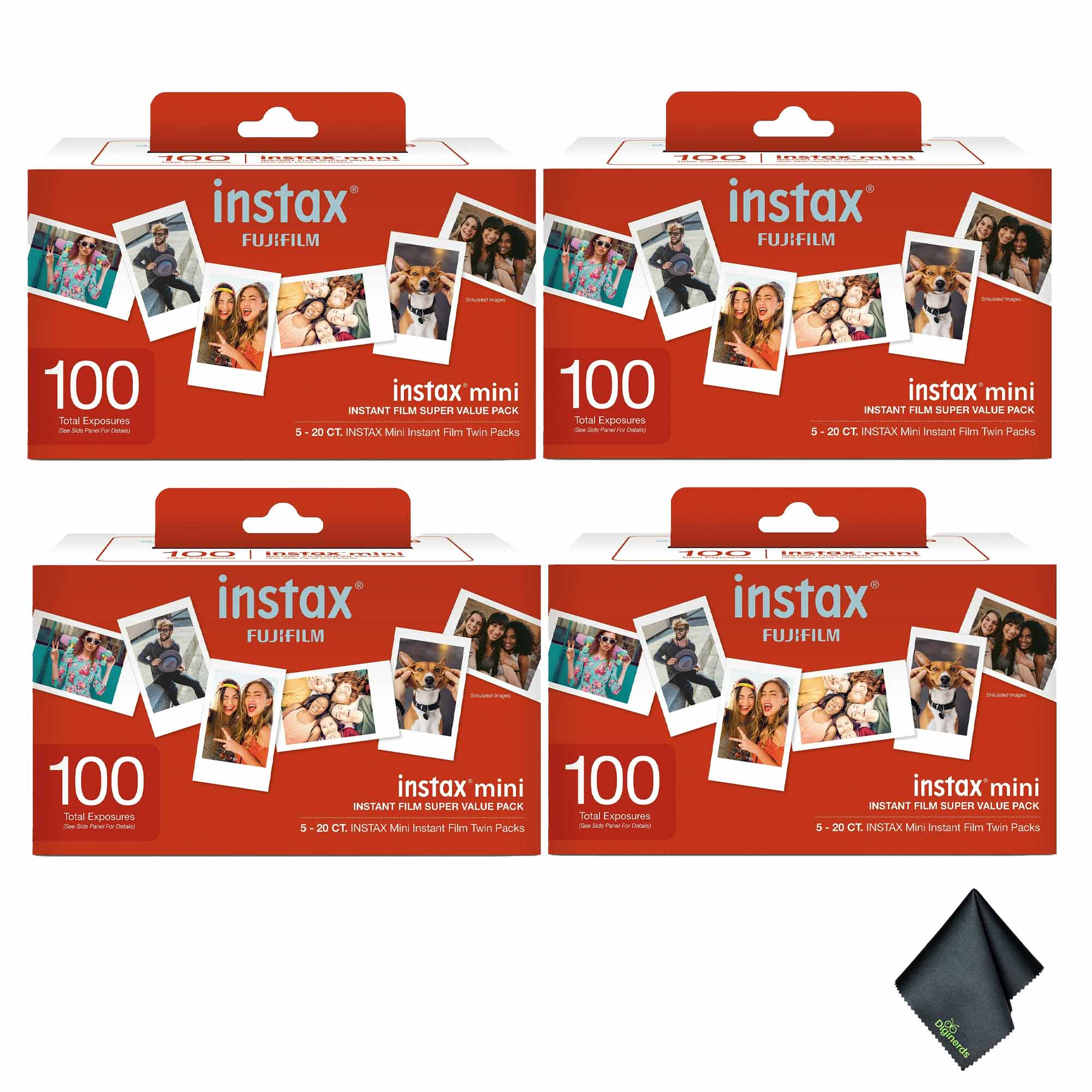 Fujifilm - 4xFujifilm Instax Mini Instant Film- Super Value Pack- 100 Exposures, Microfiber Cleaning Cloth, Bundle