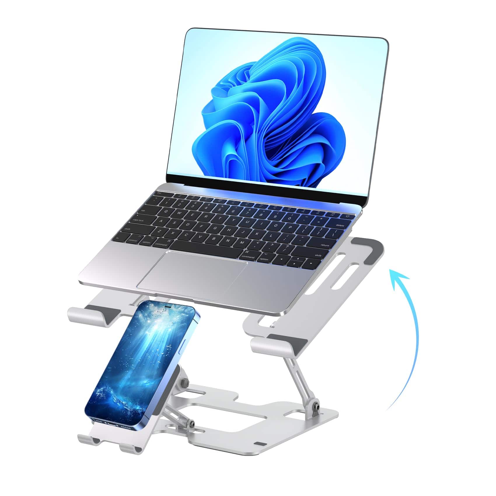 HongFei - Ergonomic 2-in-1 Laptop Phone Stand for Desk, Adjustable Riser, Sturdy and Portable, Fits All Laptops and Phone - White