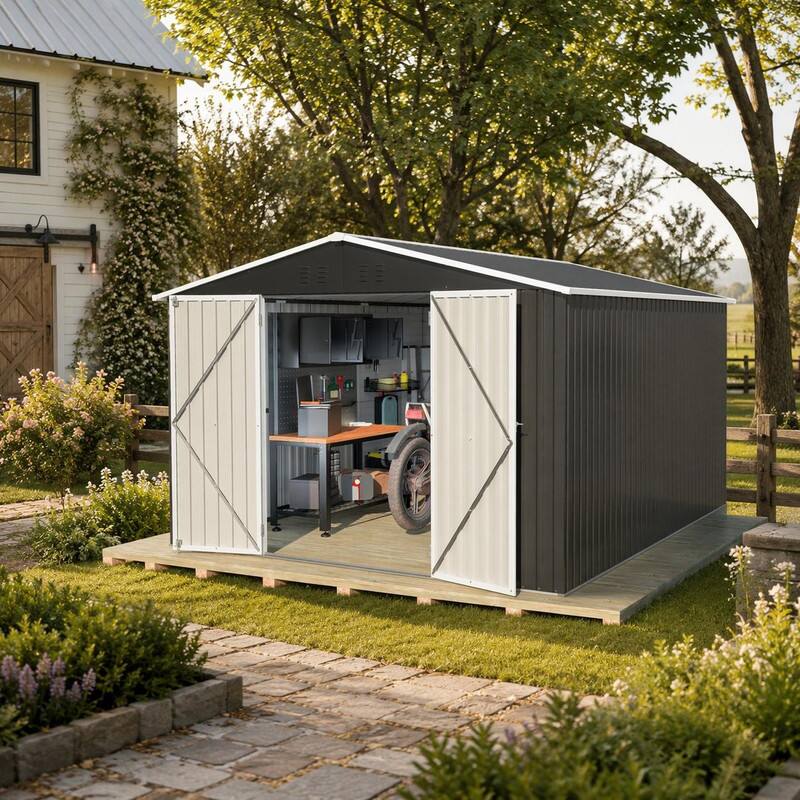 Left. RYHNUYNE - 10x12 Ft Black Steel Shed Aluminum Lockable Doors Ventilated Garden Backyard Patio - Black.