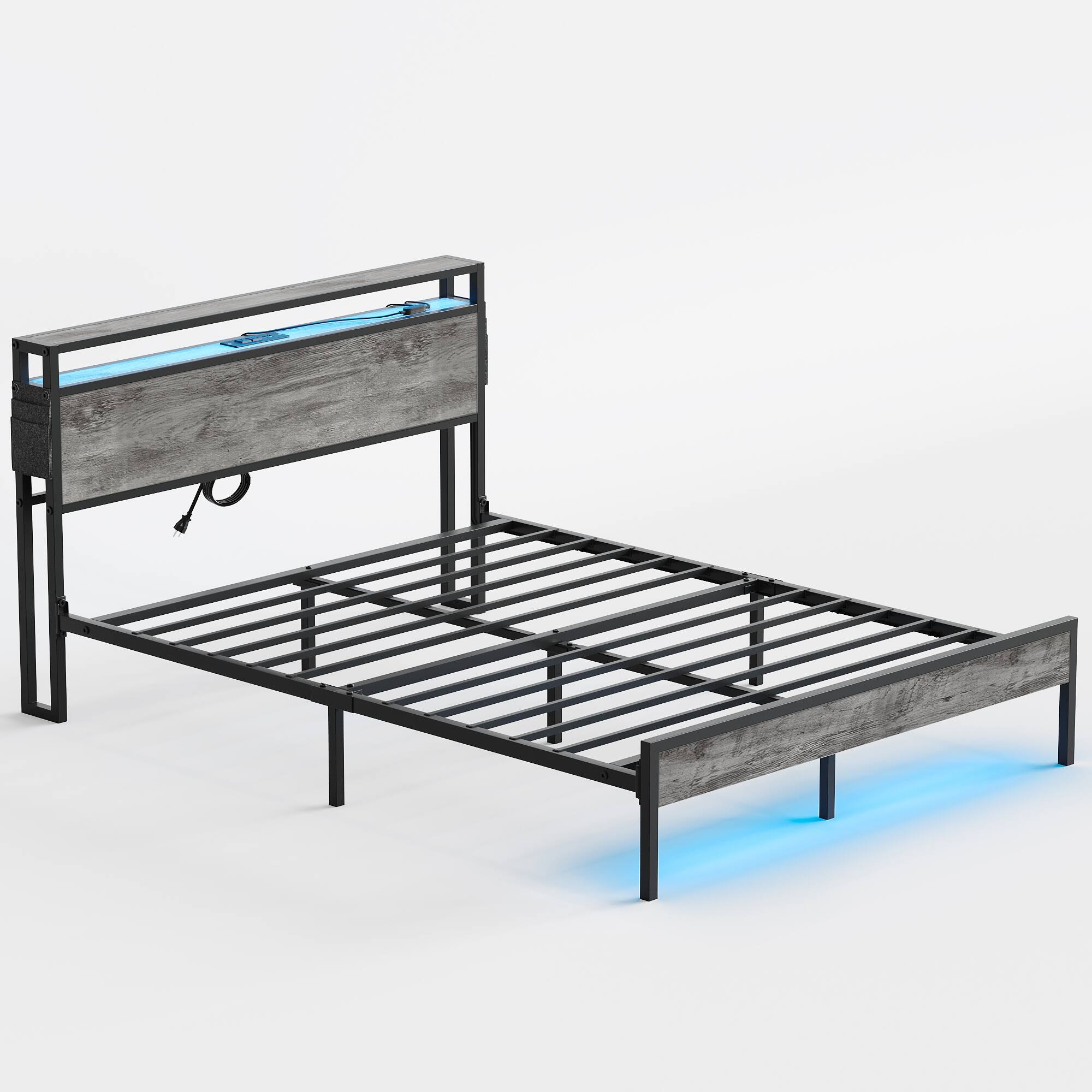 Left. Bestier - Queen Size Bed Frame Platform Bed with Storage Headboard LED Lights and Charging Station - Grey.