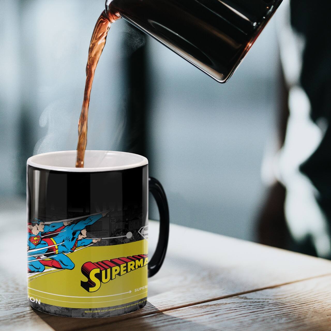 Sure, here is the corrected and grouped text from the image:

---

**Superman**

**Super**

**Notice: Large and small characters and characters are trademarks of DC Comics.**

---

This text is from the design on the coffee mug in the image.