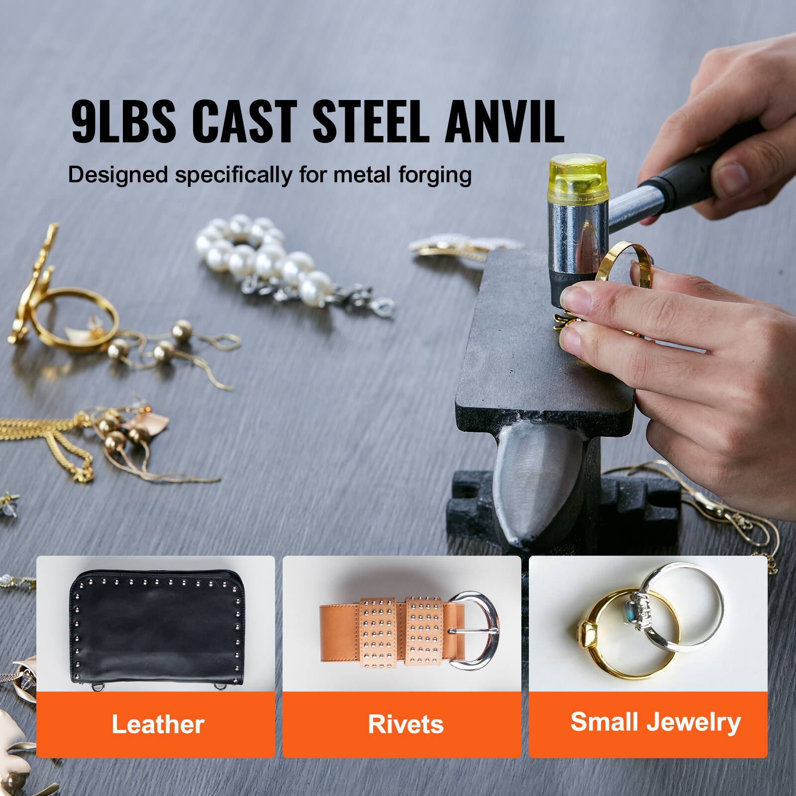 9LBS CAST STEEL ANVIL  
Designed specifically for metal forging  

Leather  
Rivets  
Small Jewelry