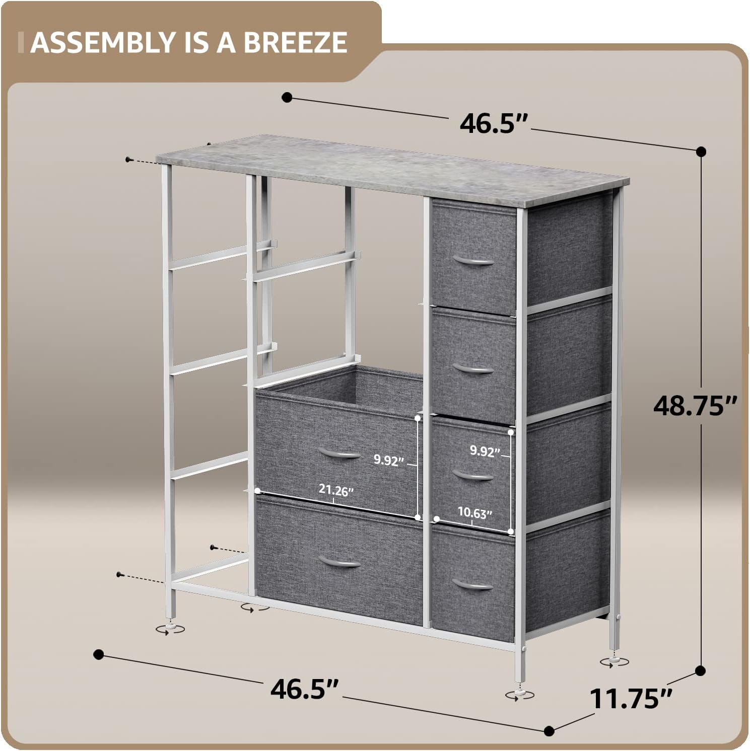 ASSEMBLY IS A BREEZE

46.5"  
48.75"  
9.92"  
21.26"  
9.92"  
10.63"  
46.5"  
11.75"