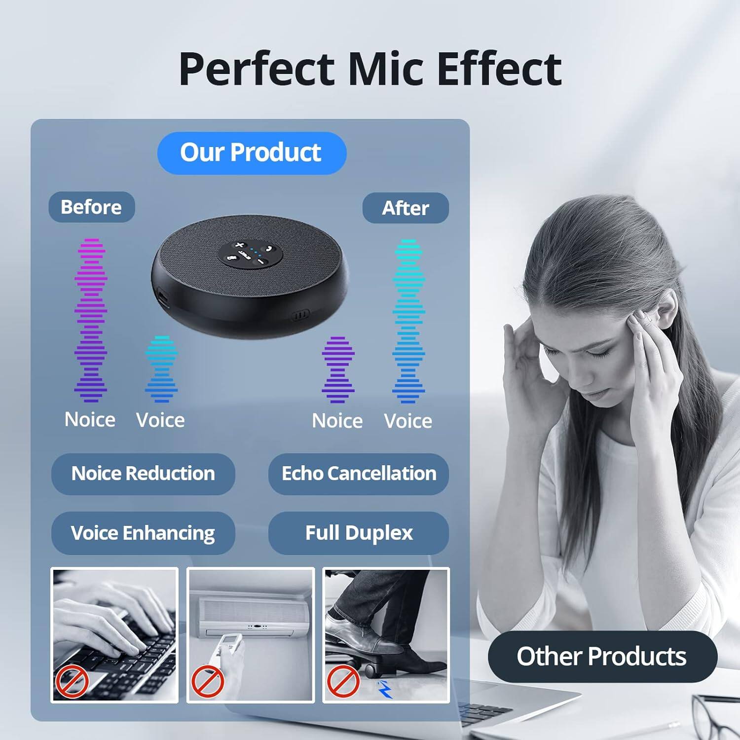 Perfect Mic Effect

Our Product

Before
- Noise
- Voice

After
- Noise
- Voice

- Noise Reduction
- Echo Cancellation
- Voice Enhancing
- Full Duplex

Other Products