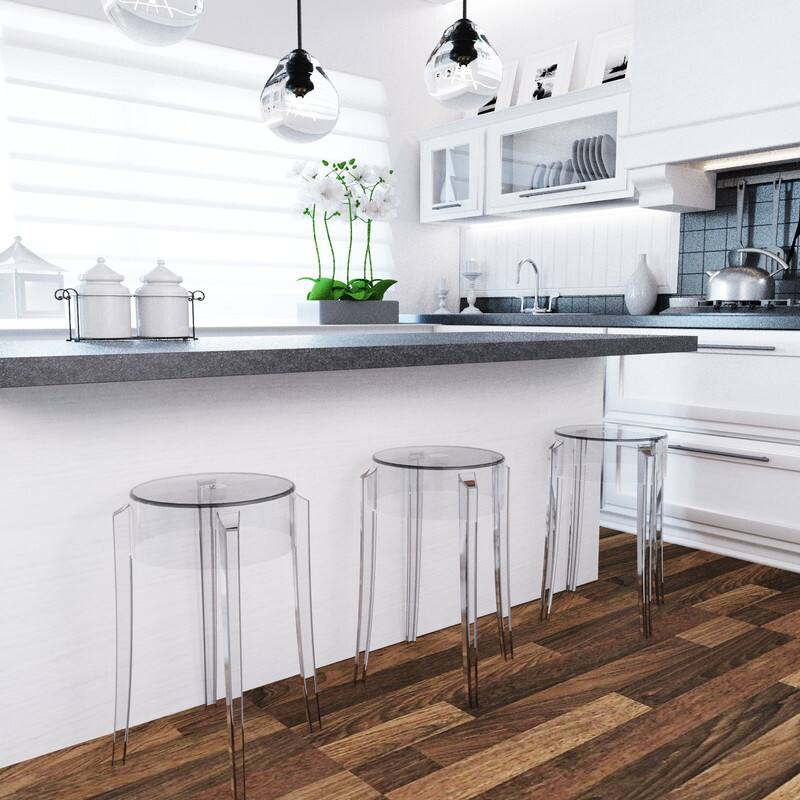 Back. LeisureMod - Averill Modern Plastic Clear Dining Stool, Durable Counter Height Stool for Kitchen and Dining Room Set of 2 - Clear.
