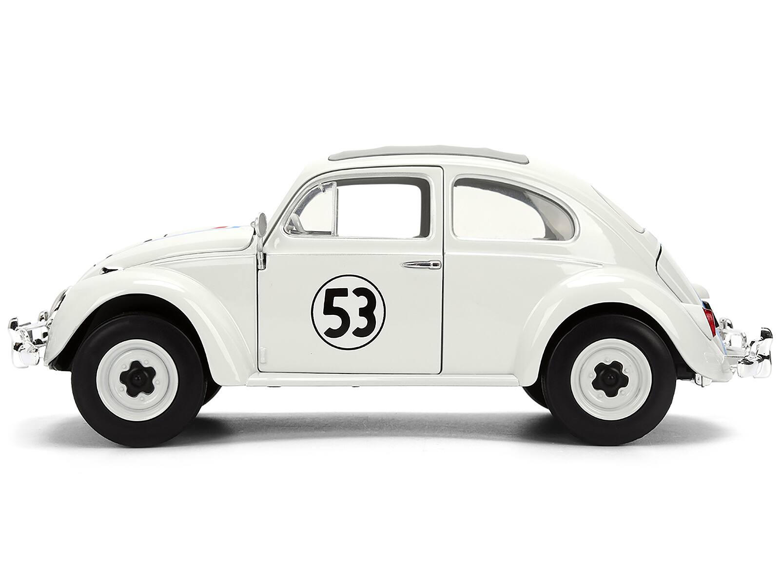 Alt View 2. Jada - Volkswagen Beetle #53 "Herbie" White with Stripes "The Love Bug" (1968) Movie with Extra Wheels 1/24 Model Car by Jada.