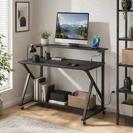 WELLFOR - 39.5" Mobile Computer Desk with Charging Station and Monitor Shelf, Rolling Home Office Desk for Small Spaces - Black