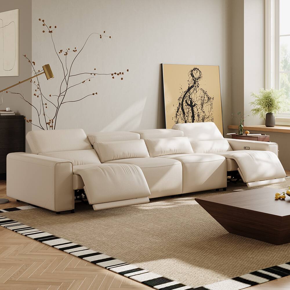 Angle. POVISON - 139" Minimalist Power Reclining Modular Sofa, 2 Deep Seat 90°-145° Recline, Pet-friendly Couches, Waterproof, Black - Beige Sustainable Leather.