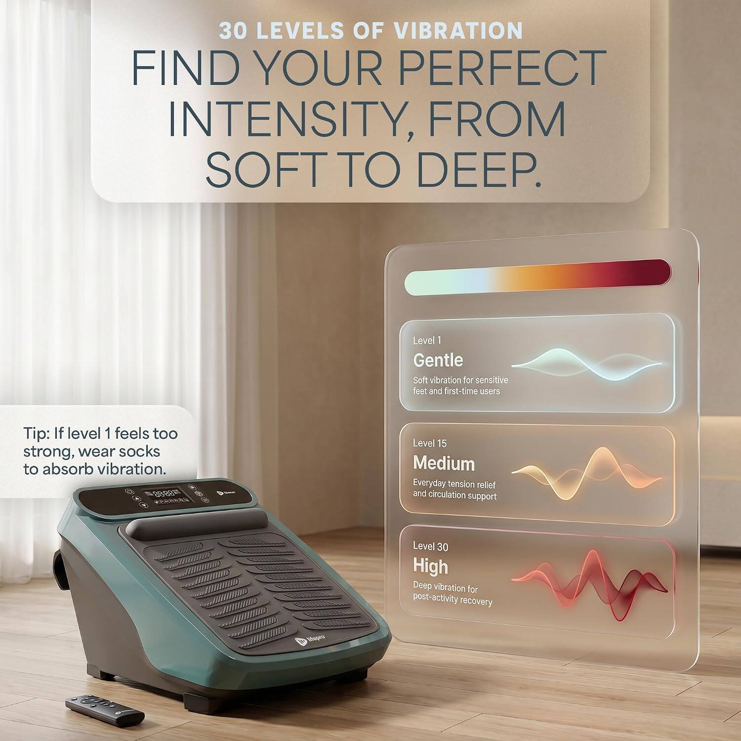 30 LEVELS OF VIBRATION FIND YOUR PERFECT INTENSITY, FROM SOFT TO DEEP.

Level 1: Gentle
Soft vibration for sensitive feet and first-time users
Tip: If level 1 feels too strong, wear socks to absorb vibration.

Level 15: Medium
Everyday tension relief and circulation support

Level 30: High
Deep vibration for post-activity recovery
